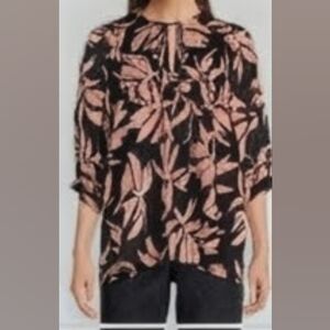 J.Marie Maria Woven Leaf Print Round Tie Neck 3/4 Puff Sleeve Flounce Tunic XS